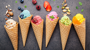 Waffle cones, Ice cream delights, Fruity toppings, Decadent indulgence HD wallpaper