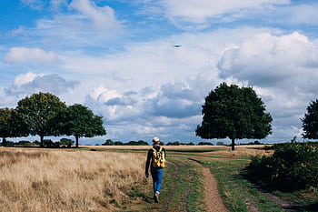 A lone hiker walks through a rural landscape under a blue sky, embracing nature's tranquility. HD wallpaper