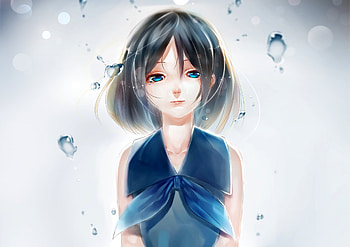 Blue eyes, anime girl, water drops, art HD wallpaper