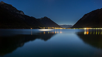 Cities, Mountains, Night, City, Lights, Lake, Reflection HD wallpaper
