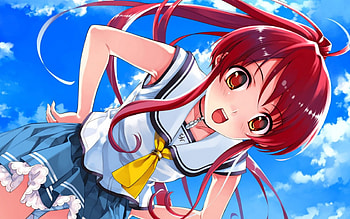 make me smile, anime, pony tail, red eyes, sky, red hair, school girl, manga HD wallpaper