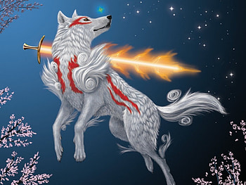 White wolf, white, swords, fantasy, art, firey, wolf HD wallpaper