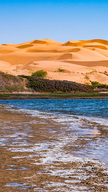 Sandwich Harbour, Namib Naukluft National Park, Lagoon and dunes, Coastal wonder HD phone wallpaper