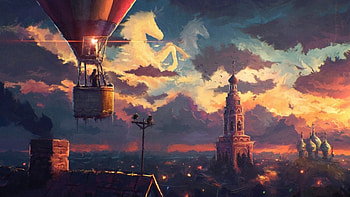 Baloon view, baloon, painting, clouds, view, evening HD wallpaper
