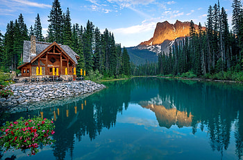 Yoho NP, lake, cabin, mirror, tranquility, Yoho, beautiful, serenity, mountain, summer, emerald, national park, reflection, peak HD wallpaper