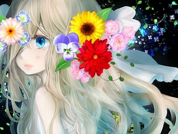 Anime, art, tears, eyes, girl, sad, face, flowers, hair HD wallpaper