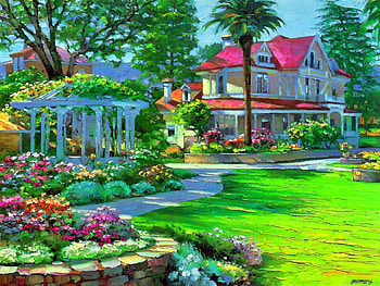 Sunny countryside, sunny, peaceful, alleys, spring, walk, painting, greenery, art, house, gazebo, garden, beautiful, grass, park, summer, rest, pretty, freshness, flowers, village, countryside HD wallpaper
