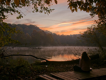 Nature, Sunset, Lake, Evening, Girl, View, Back HD wallpaper
