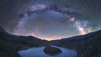 Celestial Embrace Milky Way Over Mountain Lake, milky-way, mountains, nature HD wallpaper