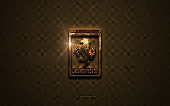 Ferrari golden logo, artwork, brown metal background, Ferrari emblem, creative, Ferrari logo, brands, Ferrari HD wallpaper