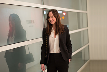 Woman in black, smile, Dakota Johnson HD wallpaper