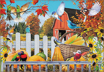 Gathering for Fall, pumpkins, birds, leaves, barn, painting, fence HD wallpaper