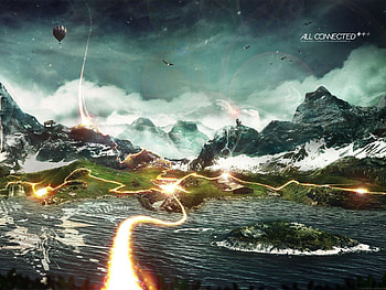 eartquake, blue, grass, mountain, 3d, abstract, green, sky, water, fire HD wallpaper