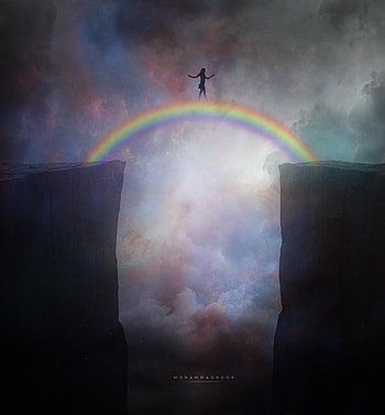 Art, Rainbow, Silhouette, Break, Precipice, Bridge HD phone wallpaper