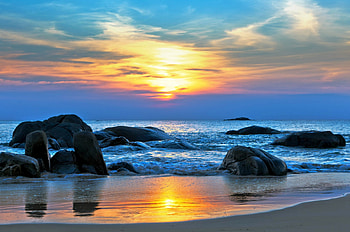 Sunset Beach, sea, sky, rocks, sunset HD wallpaper
