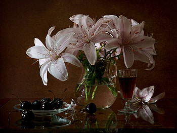 still life, bouquet, gentle, graphy, kettle, nice, flower, fruit, , beverage, cherries, elegantly, beautiful, cup, lily, cool, flowers, wine, harmony HD wallpaper