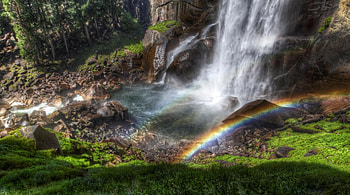 beautiful rainbow at the bottom of a waterfall r, rainbow, waterfall, pool, r, rocks HD wallpaper