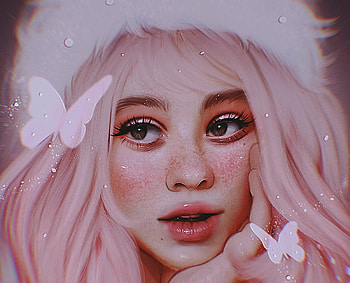 Rosegold, winter, frumusete, marzia palomba, girl, pink, fantasy, butterfly, face, luminos, hat HD wallpaper