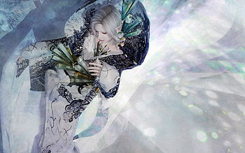 Fantasy girl, blue, rendering, kimono, girl, geisha, fan, woman, fantasy, game HD wallpaper