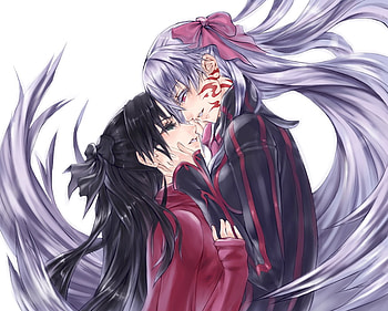Rin and Sakura, females, matou sakura, purple hair, rin, red eyes, fate stay night, long hair, female, tohsaka rin, fsn, ribbon, fate unlimited codes, black hair, anime girls, dark sakura, anime, sakura, green eyes HD wallpaper