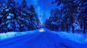 Forest Road in Quebec, blue, winter, snow, car, clouds, trees, sky, canada, hour HD wallpaper