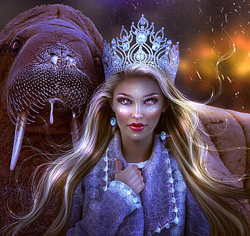 Snow Queen, blue, purple, pink, fantasy, sea lion, brietolga, girl HD wallpaper