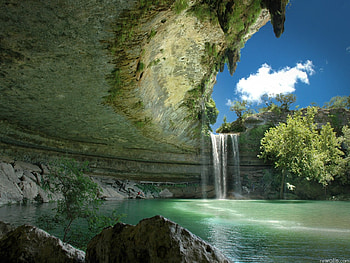 Hamilton pool, Texas., landscape, grotto, tree, scenery, waterfall, nature, pool, sky, cloud HD wallpaper