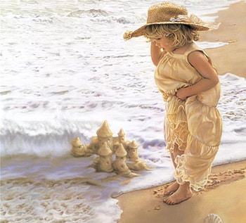 A Day At The Beach, sand, foam, outfit, girl, small, beach, sandcastle, shell, waves, castle, water, hat HD wallpaper