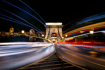 Gate, Budapest, city, light trail, night HD wallpaper