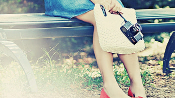 Miscellanea, Miscellaneous, Legs, Girl, Bench, Camera HD wallpaper