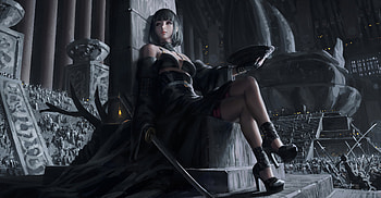 Black Dress Queen Sitting On Cemented Throne, artist, artwork, artstation HD wallpaper