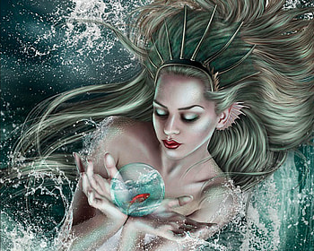 Water nimph, blue, white, sirena, mermaid, water nymph, hand, summer, fantasy, annawsw, fish, luminos, water, vara HD wallpaper