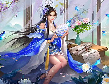 Beauty in Royal Blue, digital, art, fantasy, flowers, girl, oriental, woman, blue, , pretty HD wallpaper