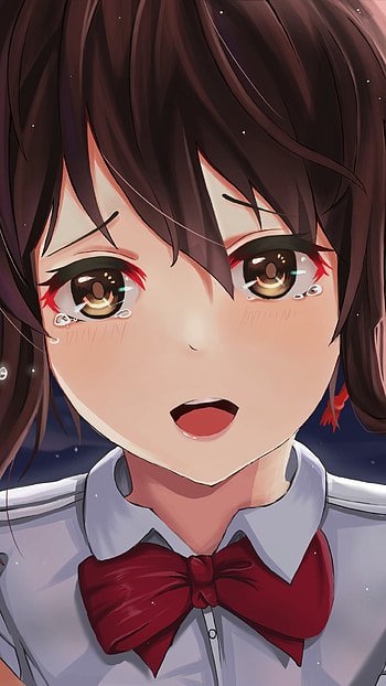 brown hair, brown eyes, tears, face, Mitsuha Miyamizu, Anime, Your Name. HD phone wallpaper