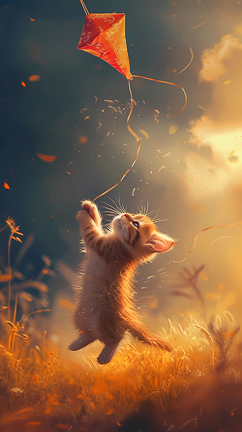 Kitty and kite, cute, Joy, Happy, kitten HD phone wallpaper