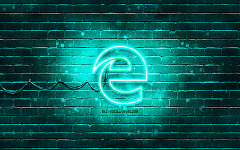 Microsoft Edge turquoise logo, , turquoise brickwall, Microsoft Edge logo, brands, Microsoft Edge neon logo, Microsoft Edge HD wallpaper