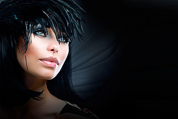 Beauty, black, feather, model, blue eyes, face, girl, woman HD wallpaper