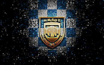 AMSyD Atletico de Rafaela, glitter logo, Primera Nacional, blue white checkered background, soccer, argentinian football club, Atletico de Rafaela logo, mosaic art, football, Atletico de Rafaela FC HD wallpaper