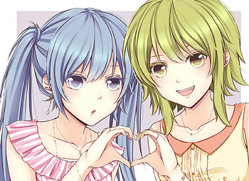 heart, sawao, hatsune miku, 2girls, vocaloid, gumi HD wallpaper