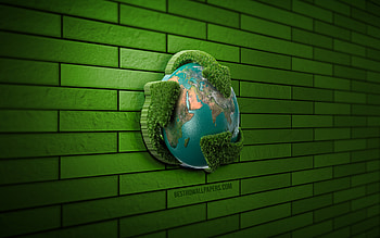 3D recycling icon, , environment, green brickwall, creative, recycling icon, ecology concepts, recycling, 3D art, ecology icons HD wallpaper