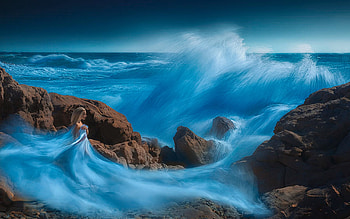 Amphitrite Wedding Dress, sea, digital, waves, art, girl, rocks HD wallpaper