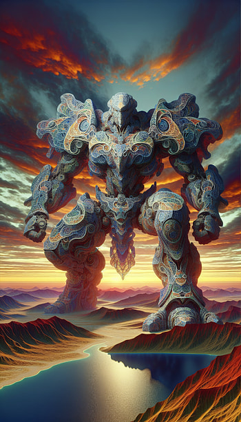 Epic Mech Warrior Sunset, fantasy, landscape, colorful, fantasy landscape HD phone wallpaper