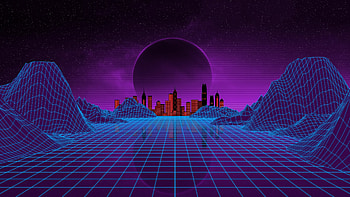 Synthwave, moon, city, cityscape, mountains, landscape, art HD wallpaper