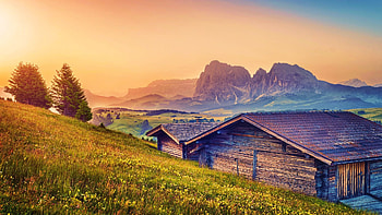 The Dolomites at Sunset, Italy, peaks, cabins, landscape, flowers, meadow, alps, rocks, spring HD wallpaper