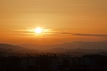 Sunset, Mountains, Twilight, City, Building, Dark, Dusk, Zdaia HD wallpaper