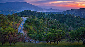Nature, Trees, Sunset, Mountain, Road, Asphalt, Relief, Evening, View HD wallpaper
