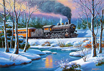 Winter Forest Express, artwork, river, steamtrain, snow, trees, train, locomotive, ice, painting HD wallpaper