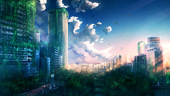 City, Anime, Original, Sunset HD wallpaper