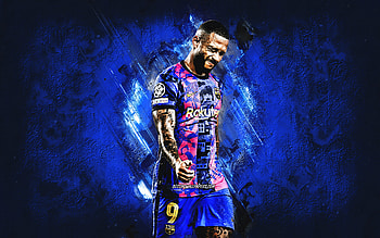 Memphis Depay, FC Barcelona, Dutch footballer, grunge art, Depay Barcelona, blue stone background, football, La Liga HD wallpaper
