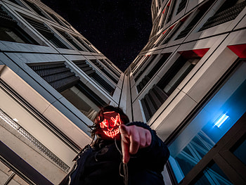 Night, Building, Miscellanea, Miscellaneous, Mask, Human, Person, Finger HD wallpaper